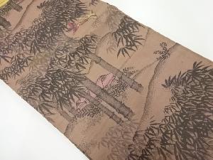 アンティーク　家屋に竹笹・鳥模様織出し丸帯（材料）